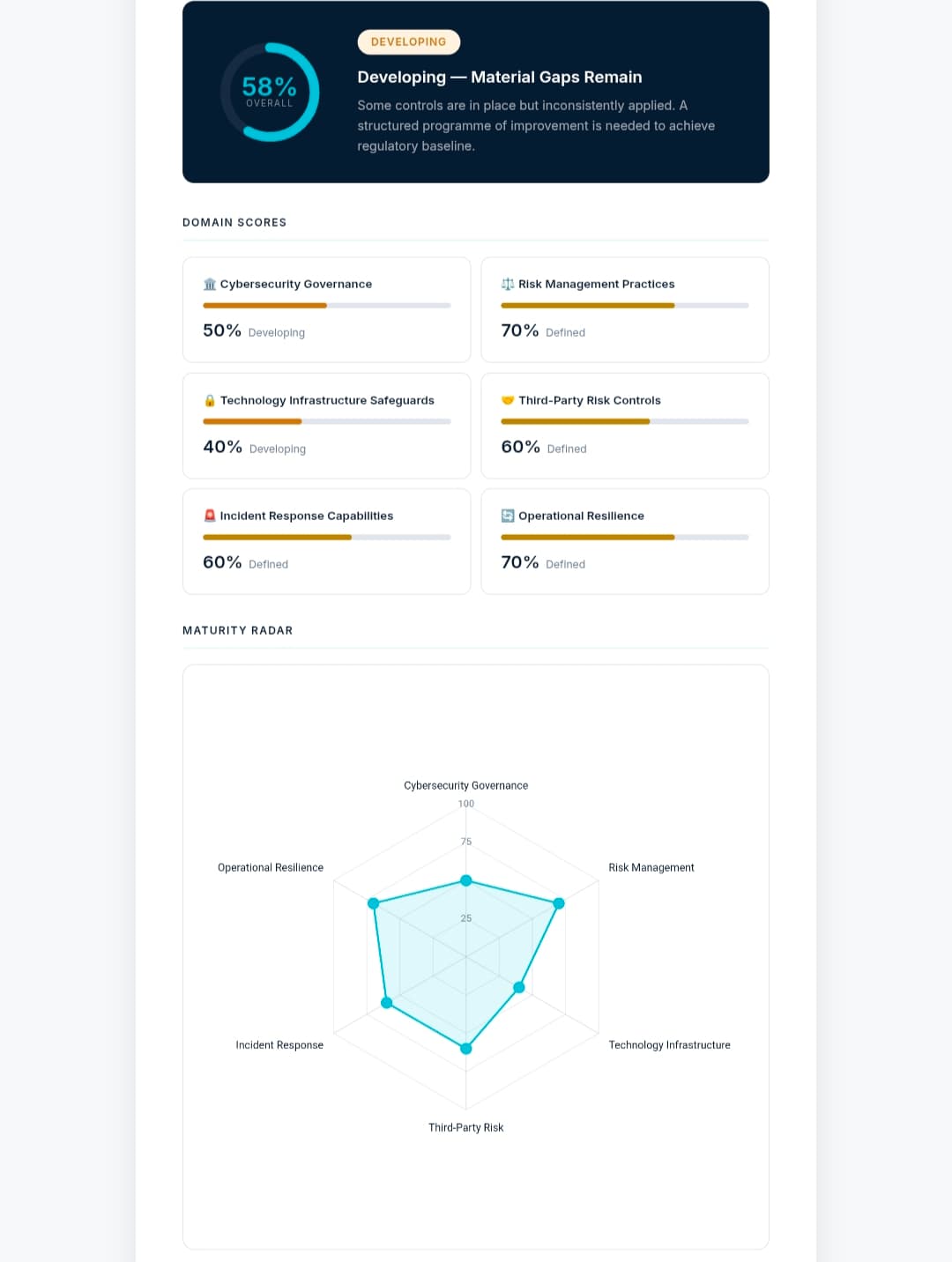 Maturity Assessment — Domain scores with maturity radar